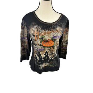 Studio Gem Q Womens M Halloween Shirt Pumpkin Spiderweb Gothic Top Black